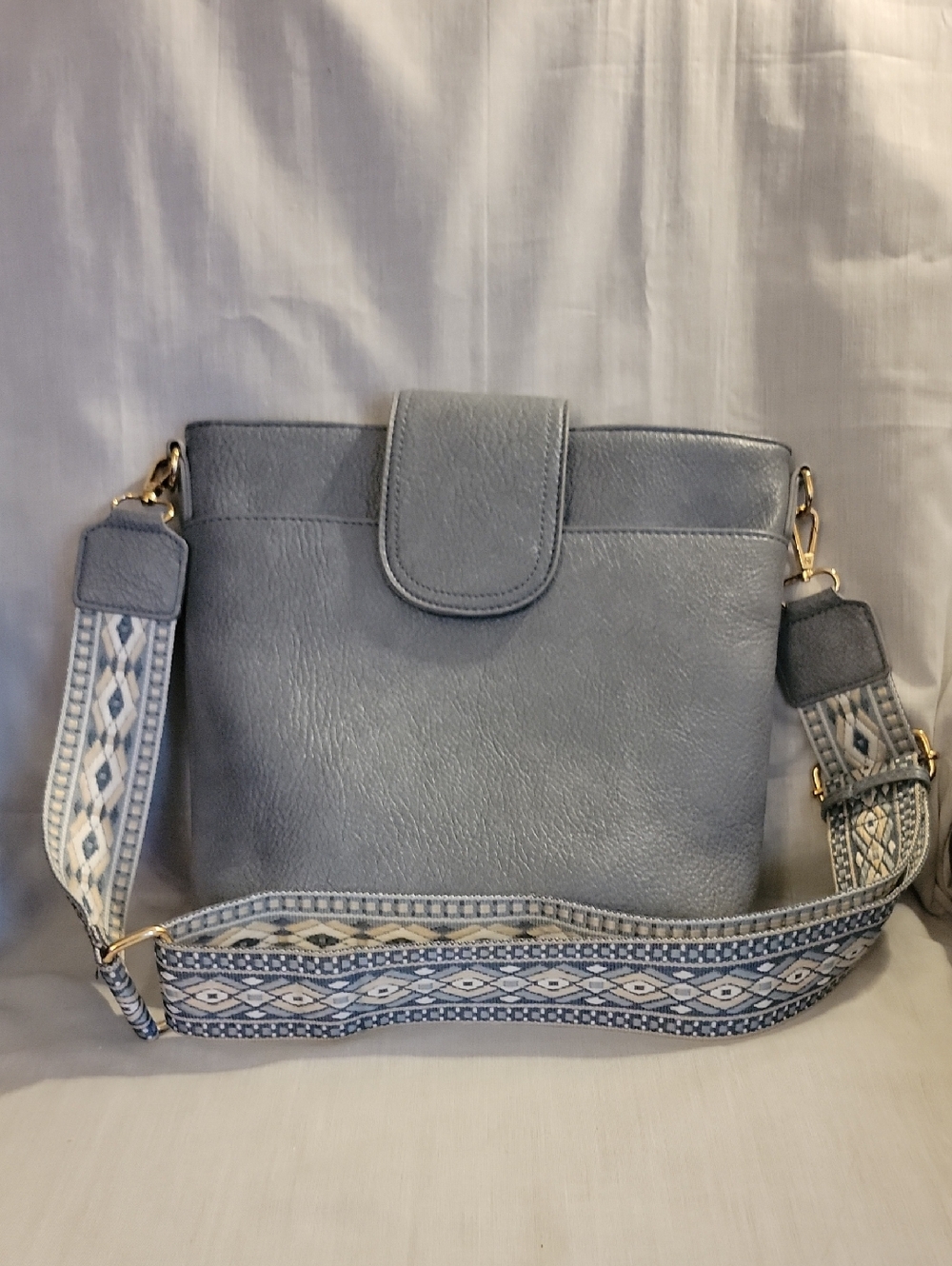 Women's Vegan Leather Crossbody Bag in Light Blue with Patterned Strap